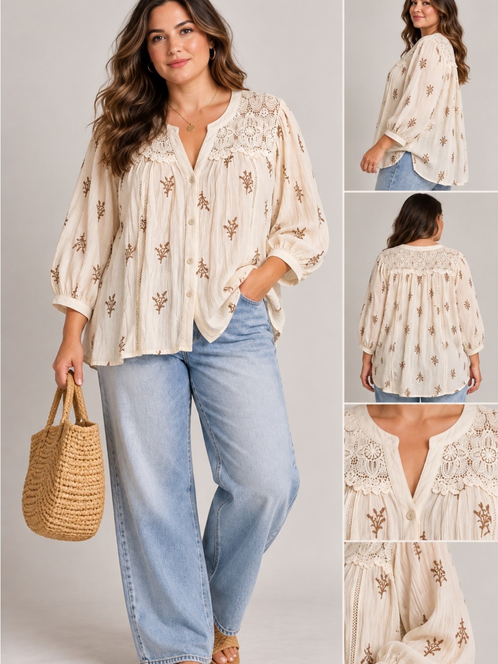 Hope Springs Embroidered Lace Blouse in Cream & Brown Size XXXL boho